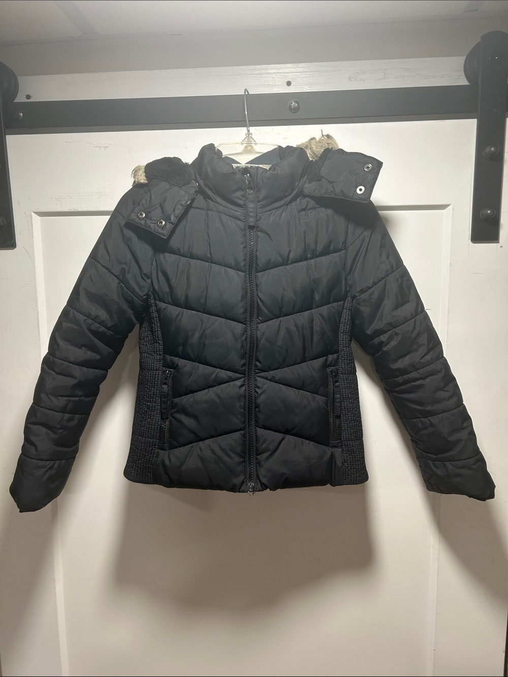 H&M Black Quilted Kids Puffer Jacket with Removable Faux-Fur Hood Trim